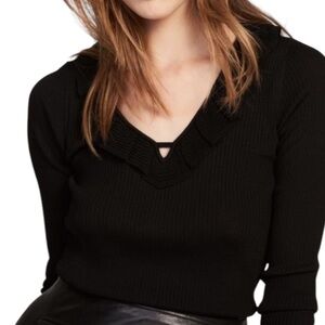 Sandro Paris Noella Noir Ribbed Knit V-Neck Top Size M